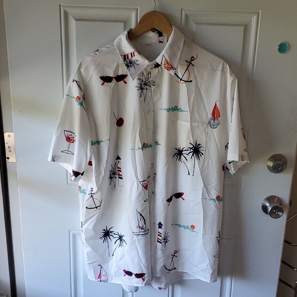 Men's White Hawaiian Style Shirt sz Large